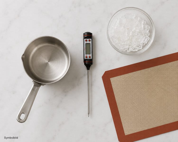 Zubehör für Isomalt: Topf, Zuckerthermometer und Silikonmatte