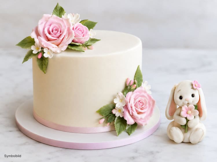 Torte mit glattem Rollfondant neben einer kleinen Modellierfondant-Figur
