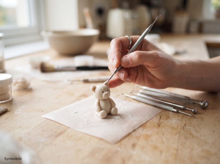 Hände formen eine kleine Figur aus Modellierfondant