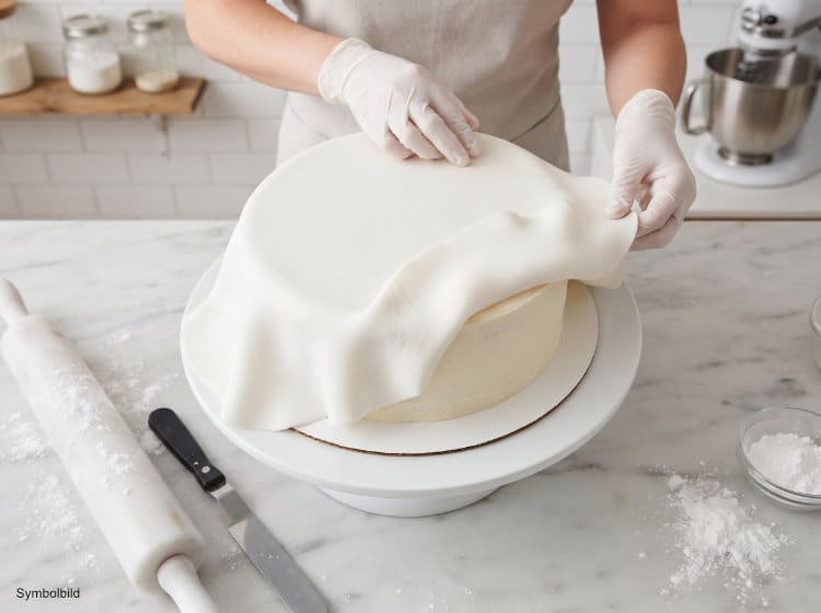 Ausgerollter Rollfondant wird über eine Torte gelegt