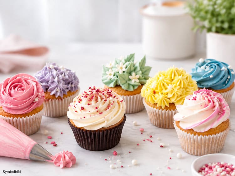 Verschiedene Buttercreme-Rosetten und -Muster mit unterschiedlichen Spritztüllen gespritzt