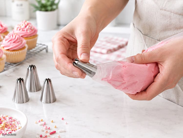 Eine Spritztülle wird in einen Spritzbeutel eingesetzt