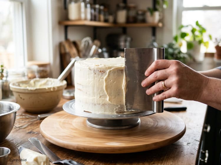 Torte wird mit einem Tortenschaber auf dem Drehteller glattgestrichen