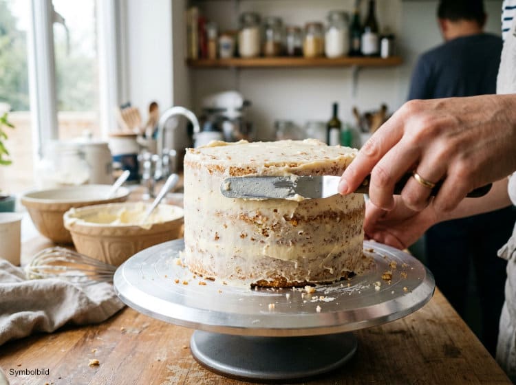 Eine dünne Krümelschicht Buttercreme wird auf die Torte aufgetragen